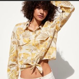 Zara tropical floral print eyelet shirt size XS tie up front top